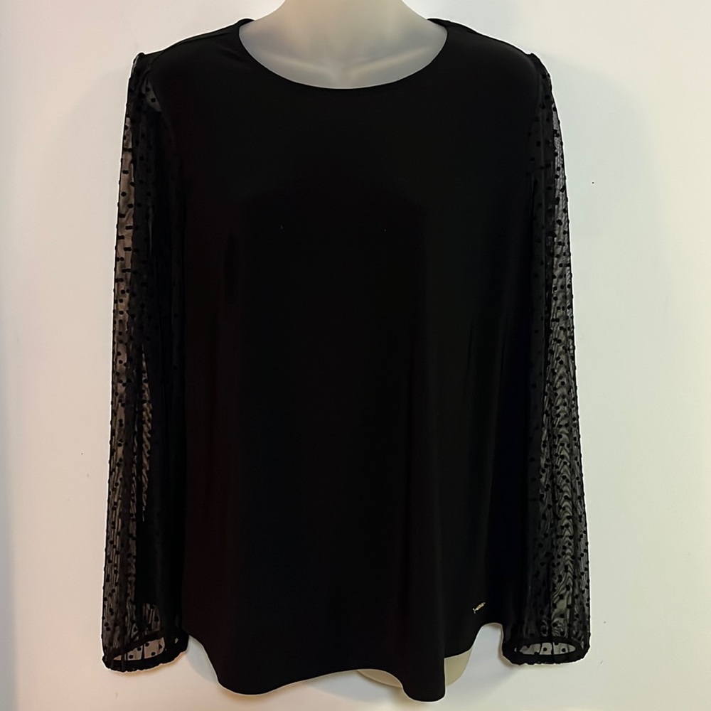 Anne Klein Black Swiss Dot Sheer Bishop Sleeve Blouse L